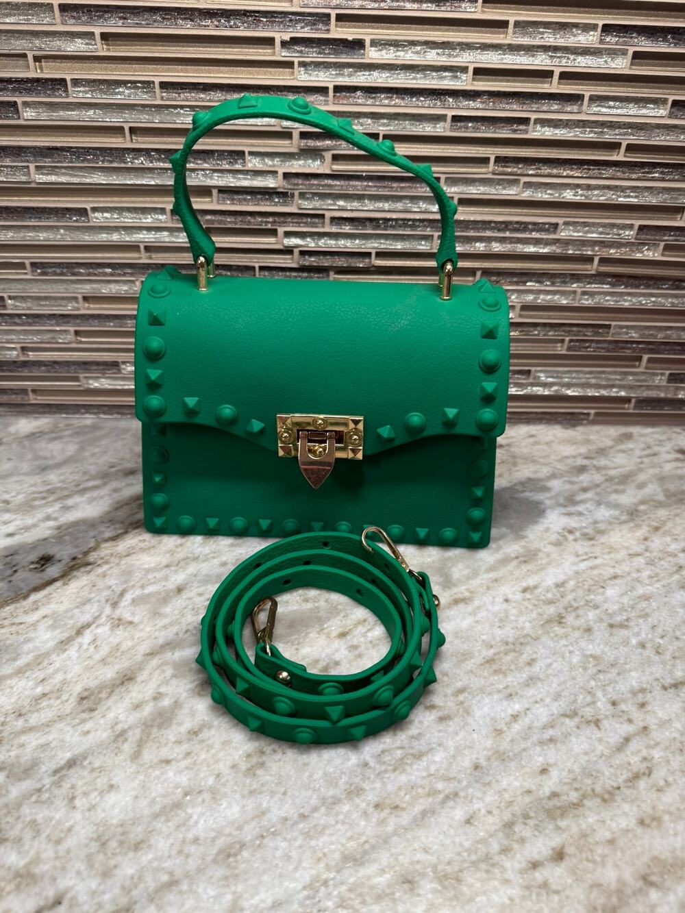 Green Mini Studded Jelly Top Handle Crossbody Purse